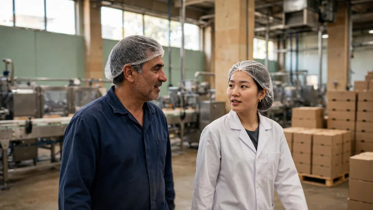 A factory owner and a supervisor in hairnets talk as they walk past packing lines and stacked cartons