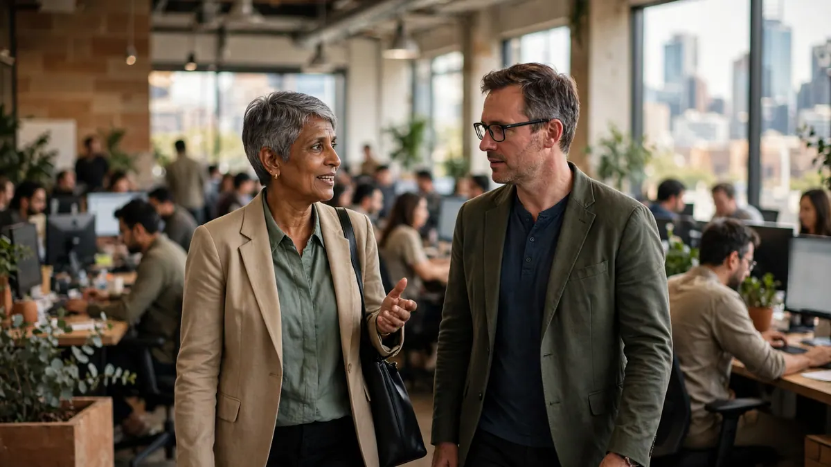 A business owner with short grey hair talks with a colleague as they walk through a busy open-plan office