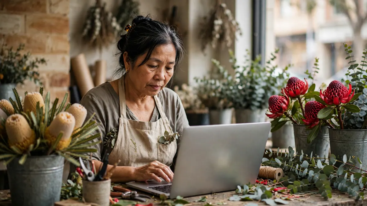 A florist in a linen apron works on a laptop at her workbench among banksias, waratahs and eucalyptus