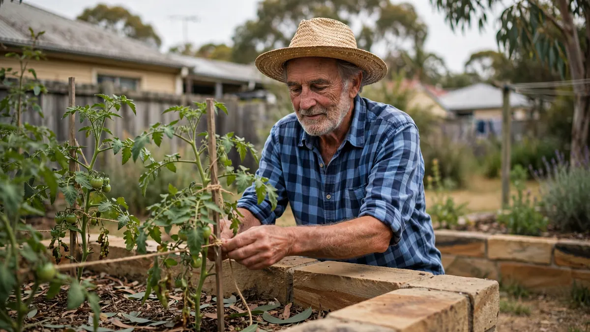 A retired man in a straw hat ties tomato plants to stakes in a raised garden bed in his backyard