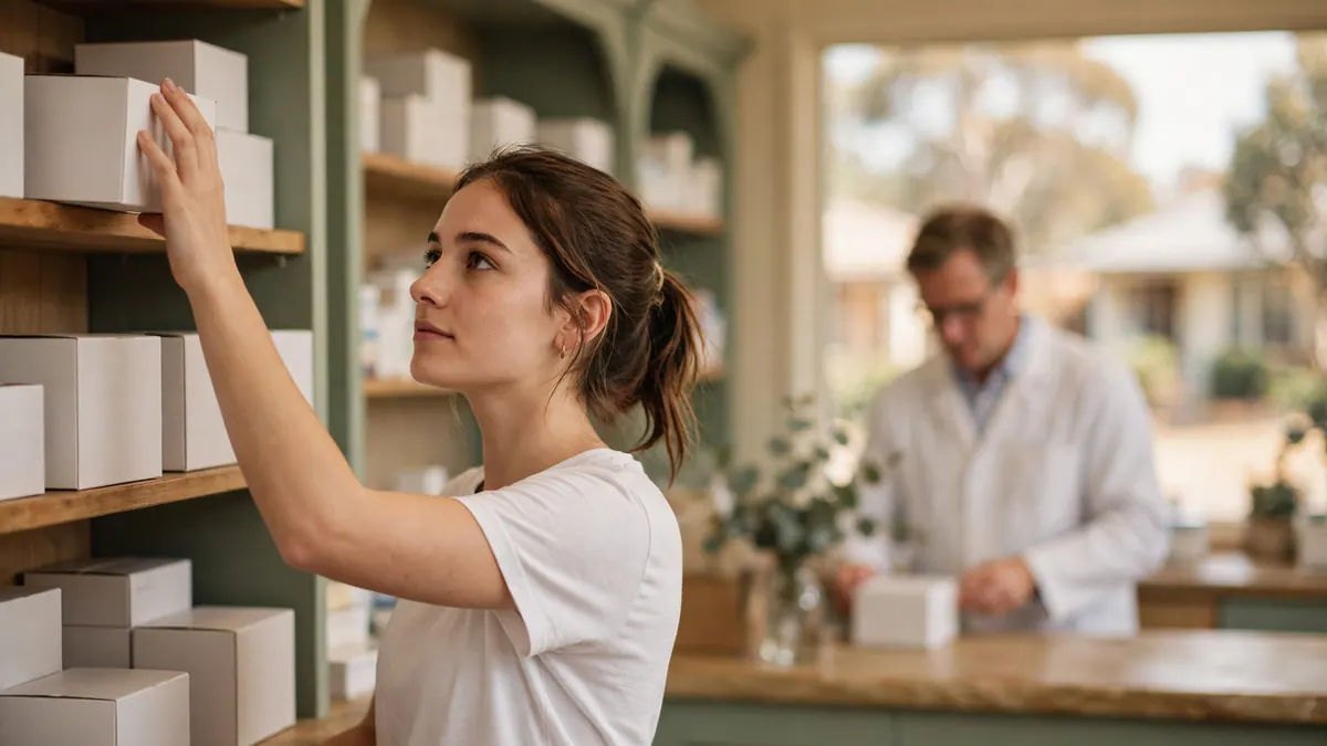 A pharmacy assistant restocks white boxes on a shelf while a pharmacist works at the counter behind