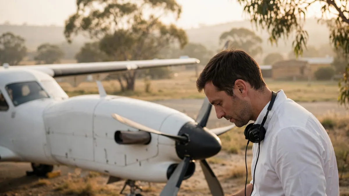 A pilot in a white shirt with a headset round his neck checks over a small white propeller plane at sunrise
