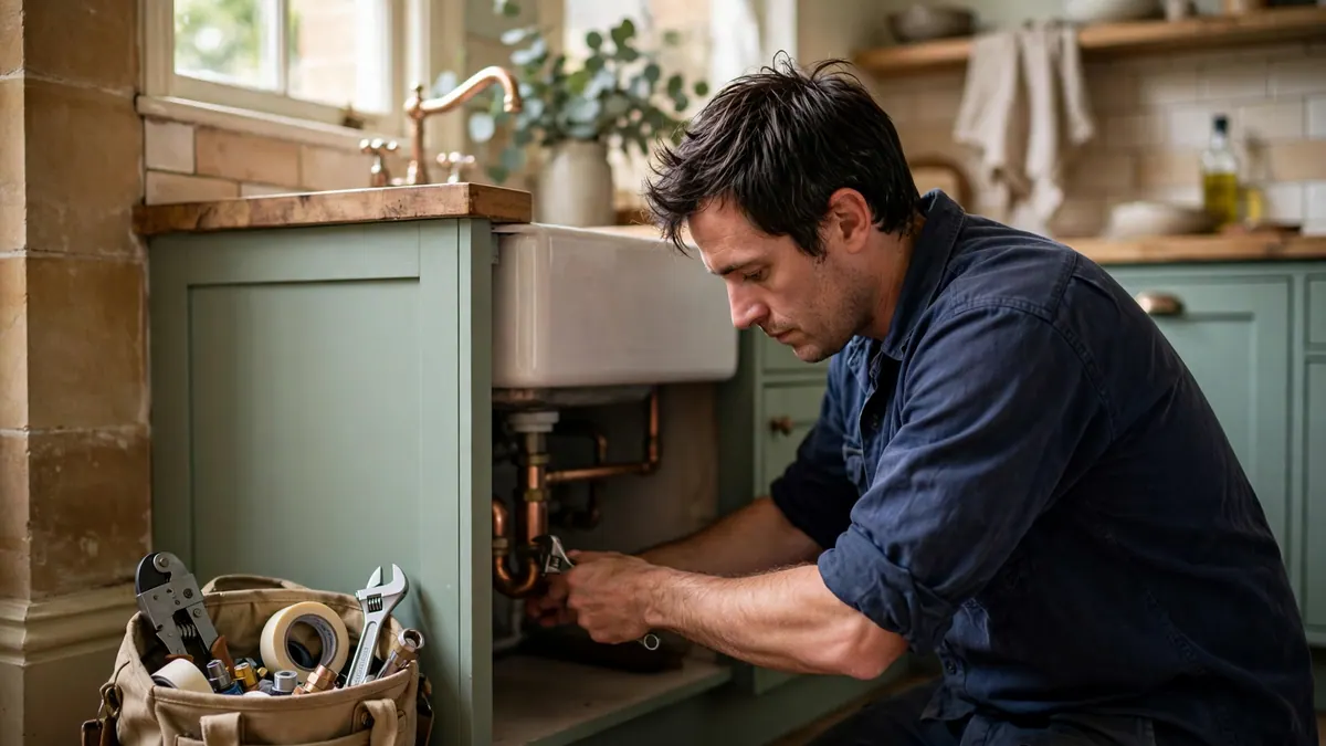 A plumber in a navy shirt kneels to tighten copper pipes under a farmhouse kitchen sink