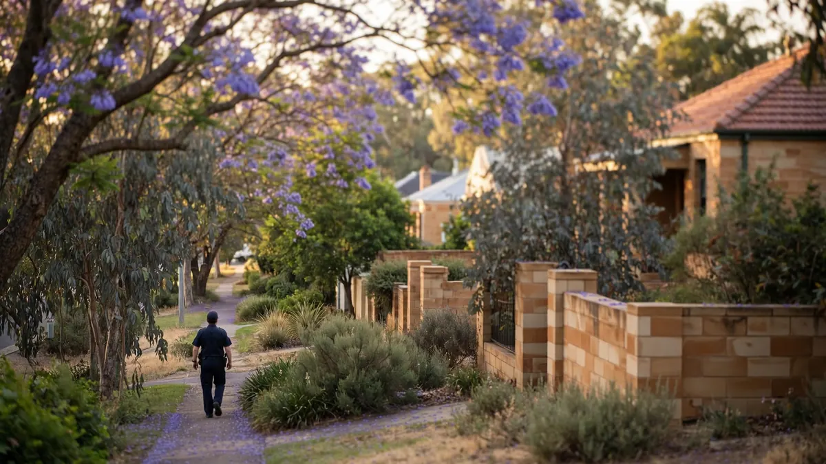 A police officer in a plain navy uniform walks away down a jacaranda-lined suburban footpath at dusk