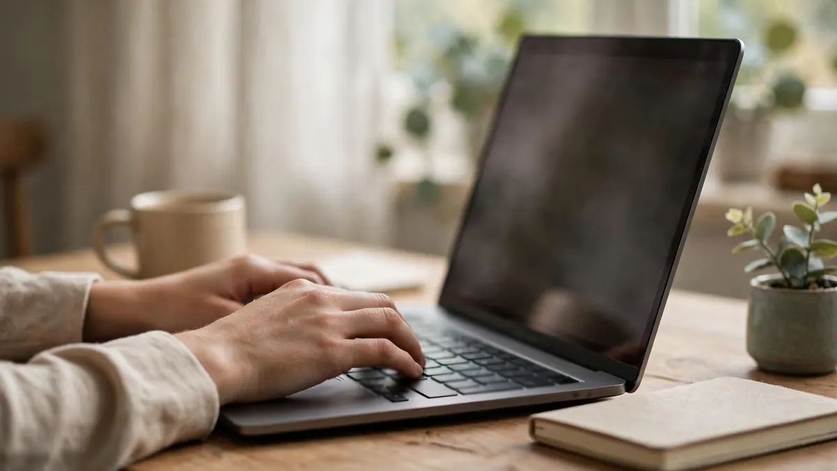 Hands type on a laptop at a timber desk beside a mug, a small plant and a closed notebook
