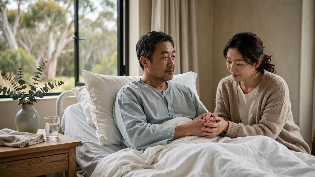 A man recovering in a private hospital bed holds hands with his wife beside a window onto gum trees