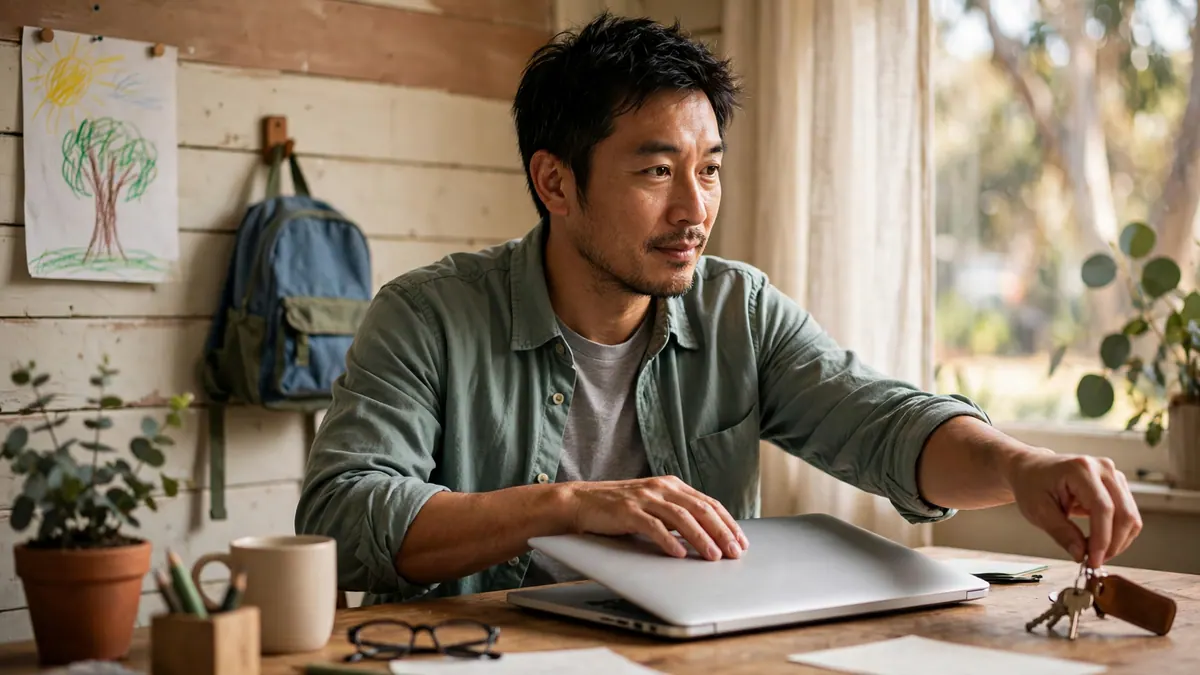 A father closes his laptop and picks up his keys at a home desk beside a child's backpack and drawing