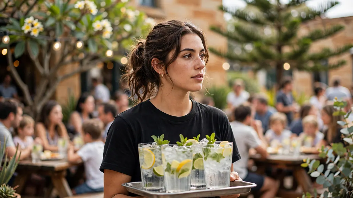A bar worker in a black t-shirt carries a tray of iced drinks through a busy pub beer garden
