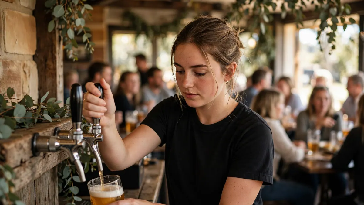 A bartender in a black T-shirt pours a beer from the tap at a busy country pub