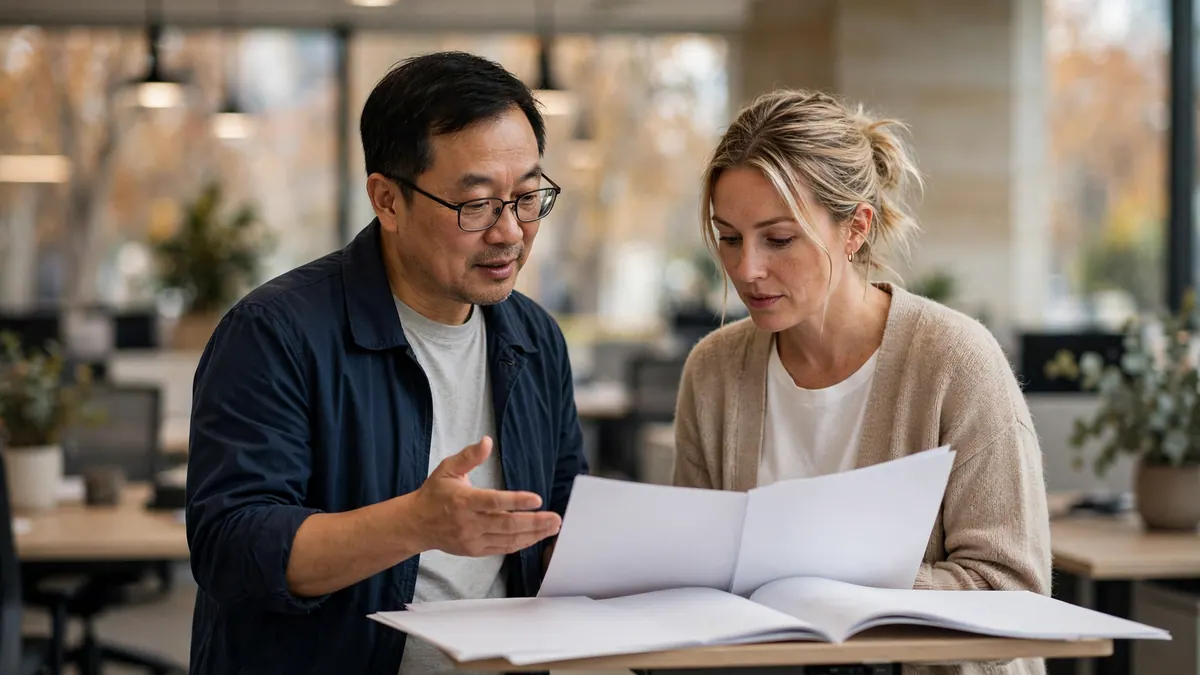 Two office colleagues discuss a printed report at a standing desk in a bright open-plan office