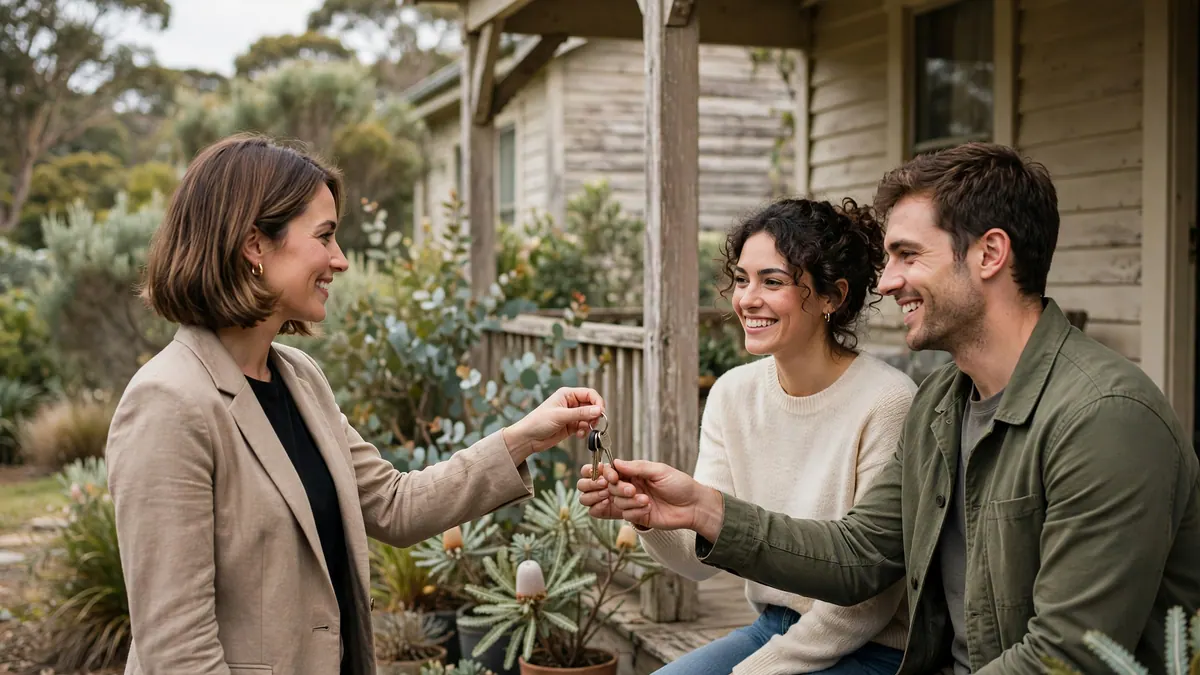 A real estate agent hands house keys to a smiling couple on the porch of a weatherboard home