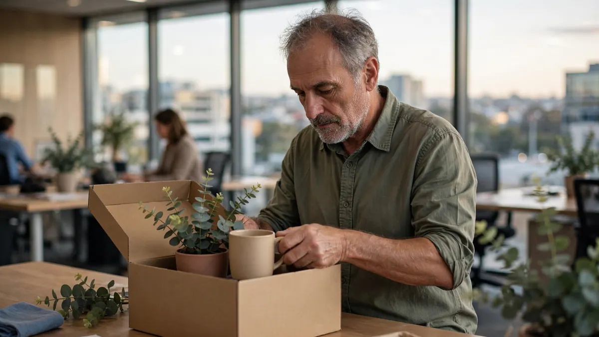 A grey-haired man packs a plant and a mug into a cardboard box at his office desk