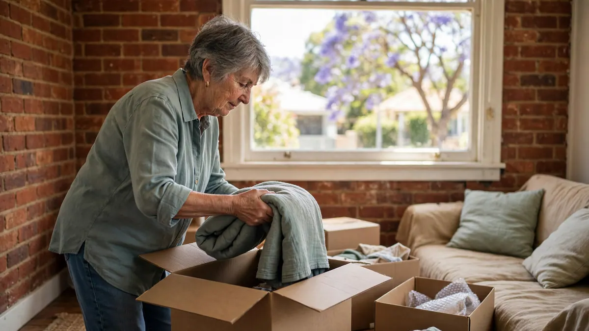 An older woman unpacks a blanket from moving boxes in a red-brick rented unit with a jacaranda outside
