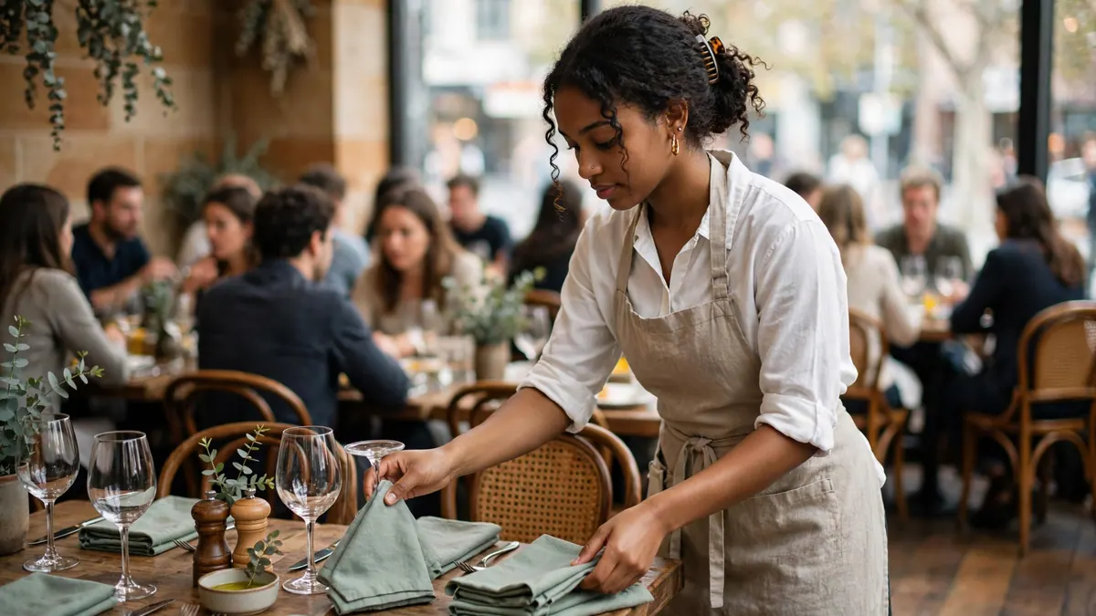 A waitress in a linen apron sets napkins and wine glasses on a table in a busy bistro at lunch
