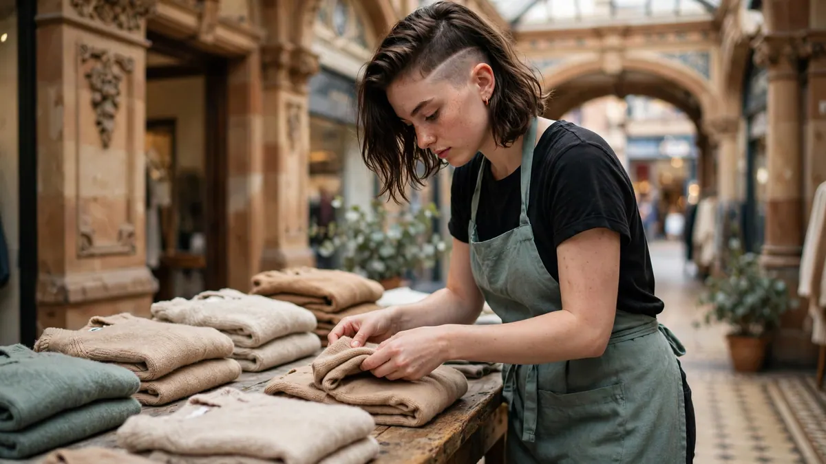 A young shop assistant folds knitwear on a timber table in a boutique inside a heritage arcade