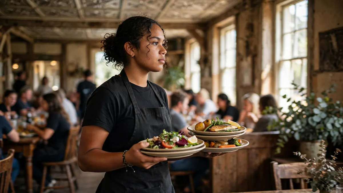 A young waitress in a black apron carries plates of food through a busy country pub dining room