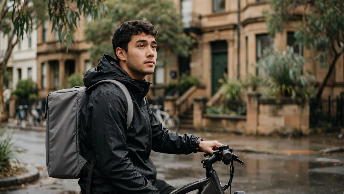 A delivery rider in a wet black rain jacket waits on his e-bike on a rainy street of terrace houses