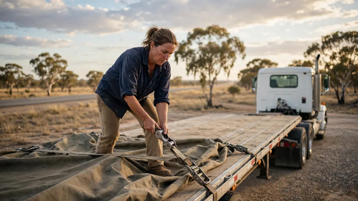 A truck driver ratchets a load strap on a flat trailer at an outback roadside stop beside a white truck