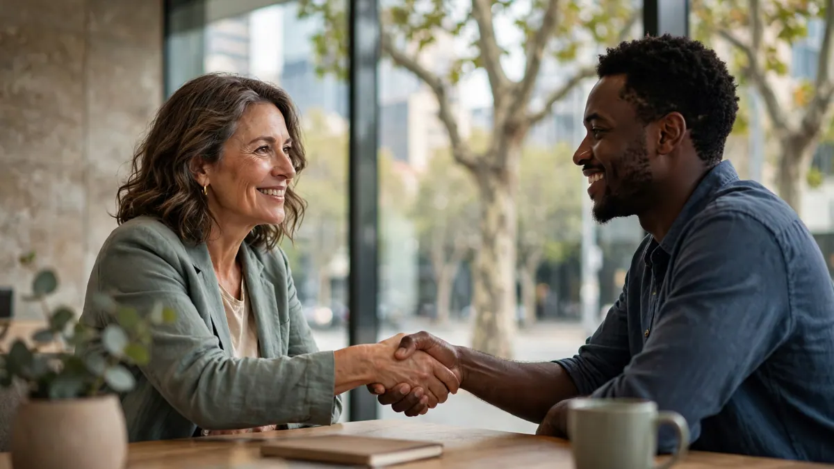 A hiring manager and a new employee smile and shake hands across a table by a city office window