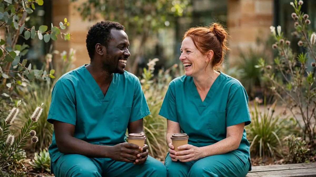 Two hospital workers in teal scrubs laugh over takeaway coffees on a bench in a garden courtyard