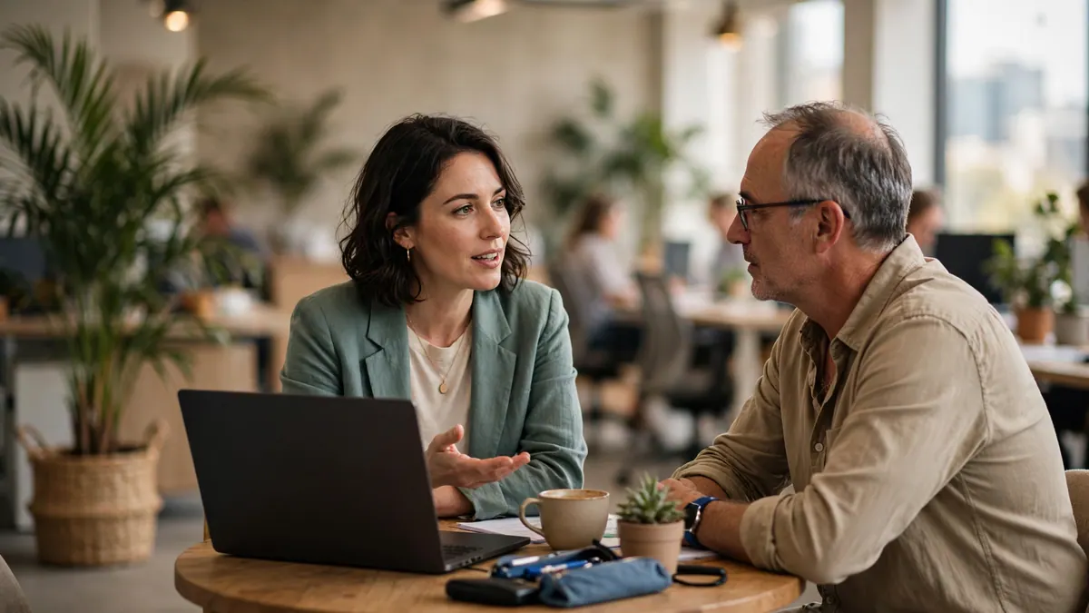 A woman in a green blazer talks a man through his pay options at a round table in a bright office