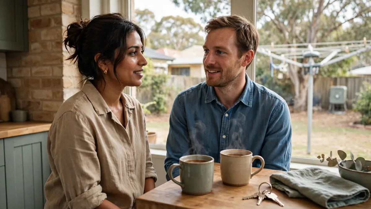A couple talk over mugs of tea at their kitchen bench, house keys beside them and a Hills hoist outside