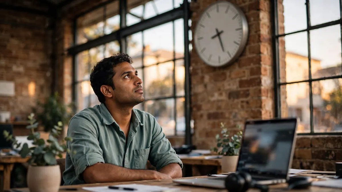 A man at a desk in a brick warehouse office looks up at a large wall clock in late afternoon light