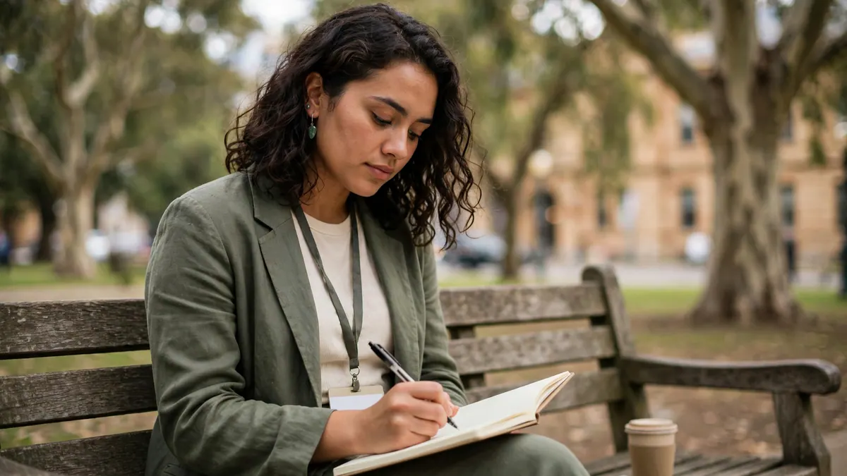 A woman with a work lanyard writes in a notebook on a park bench at lunch, a takeaway coffee beside her