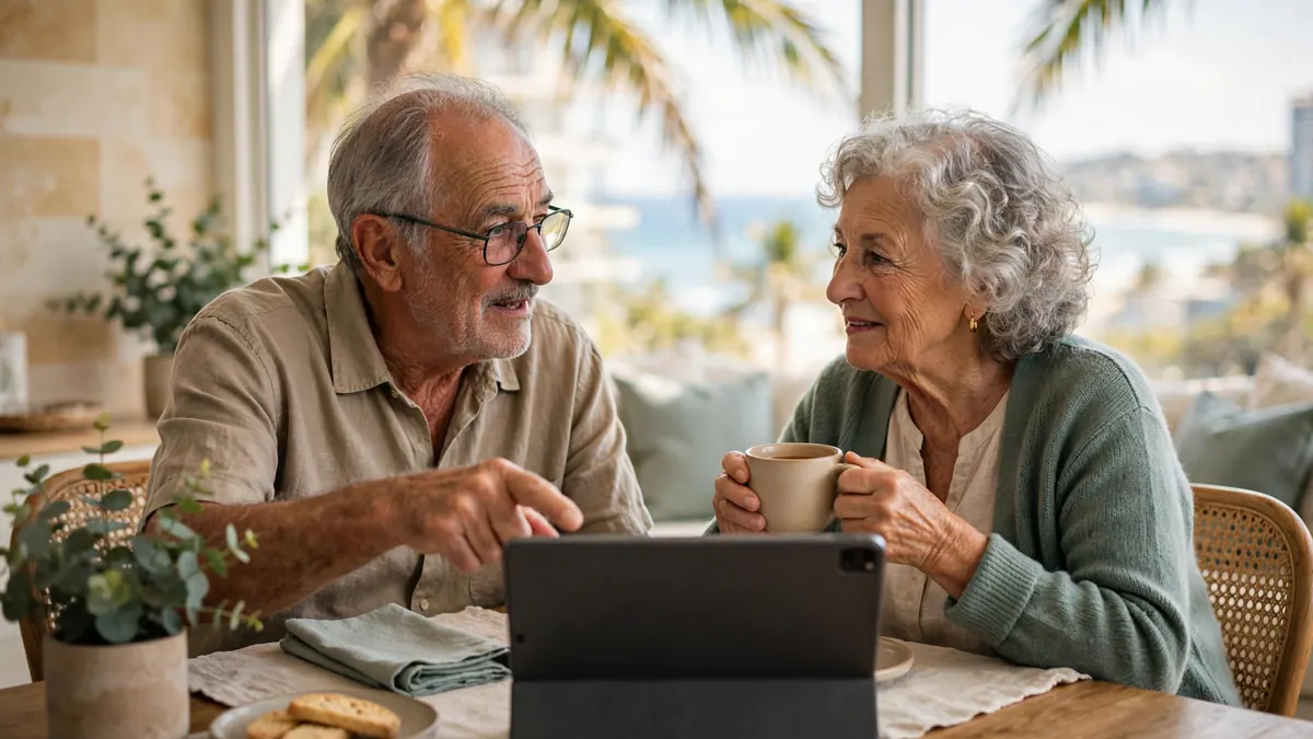 A retired couple talk over a tablet and cups of tea at a sunny table with a beach view