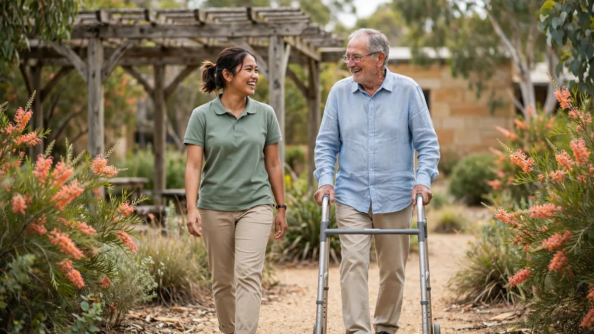 A support worker in a green polo walks beside an older man using a walking frame on a garden path