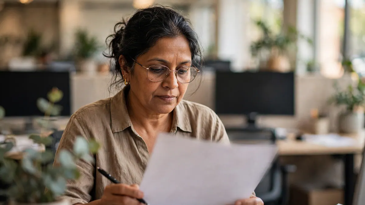 A woman in glasses checks a printed sheet with a pen at her desk in an open-plan office