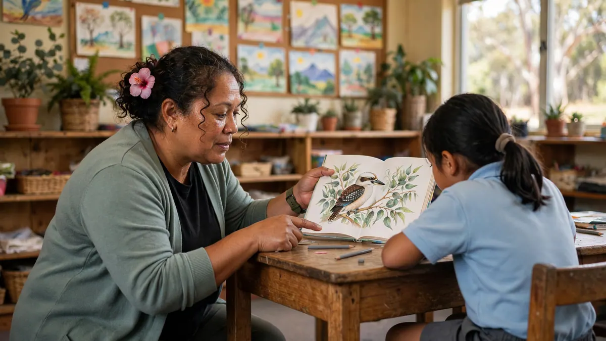 A teacher aide points to a kookaburra picture in a book as a primary student reads beside her