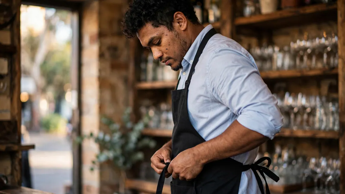 A man in a blue office shirt ties on a black apron in a wine bar before an evening shift