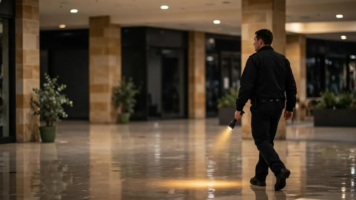 A security officer in a plain black uniform patrols an empty shopping centre at night with a torch