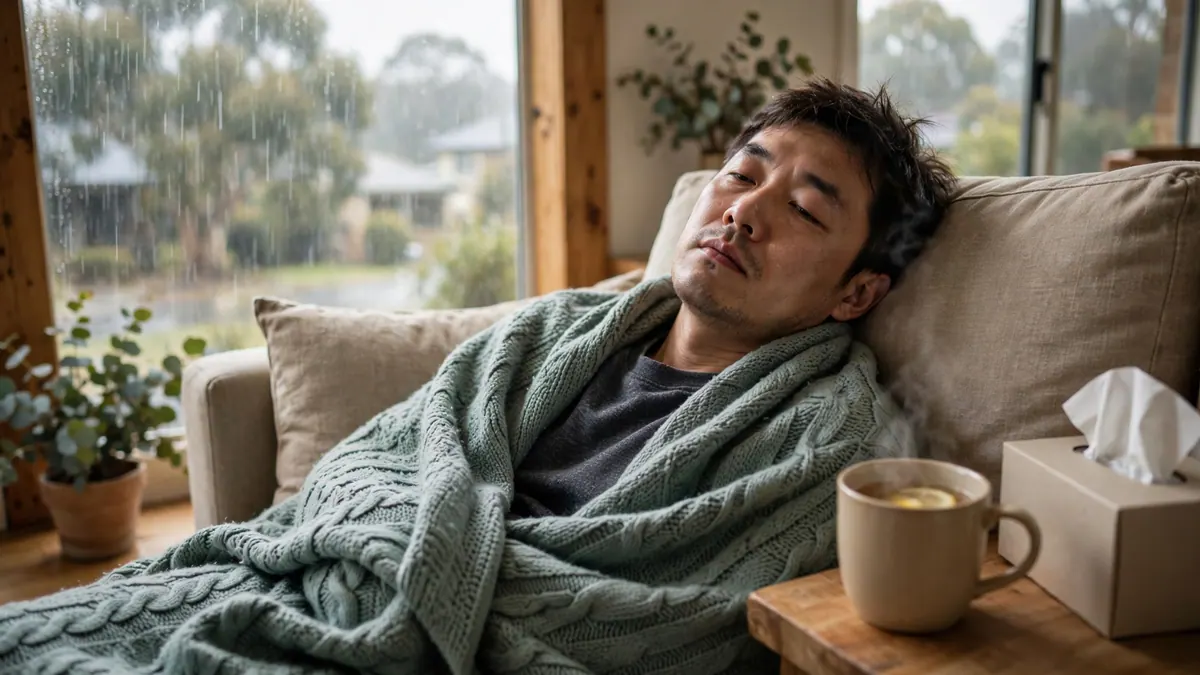 A man wrapped in a knitted blanket rests on the couch with lemon tea and tissues on a rainy day