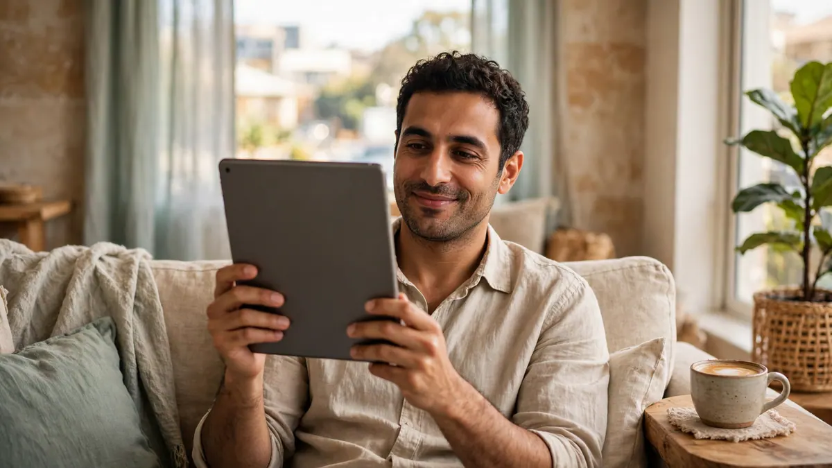 A smiling man browses a tablet on a linen sofa in a sunny living room, a coffee beside him