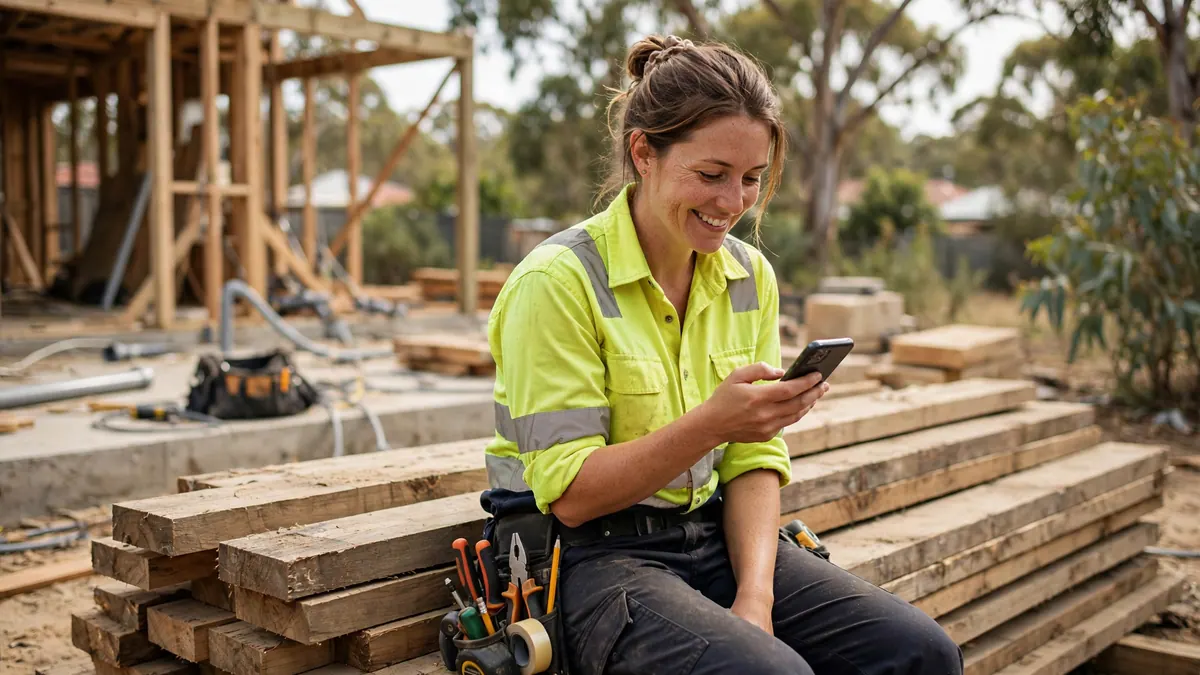 An electrician in a hi-vis shirt smiles at her phone while sitting on stacked timber at a building site