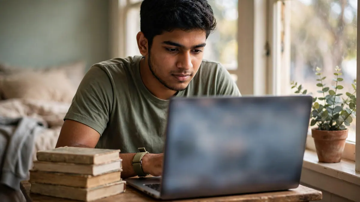 A young man in a green T-shirt studies his laptop at a small desk beside a stack of old books