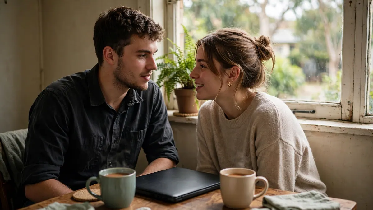 A young couple chat over mugs of tea at a small table by a window, a closed laptop between them