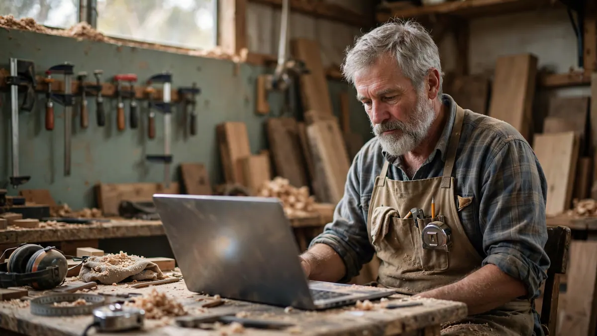 A bearded cabinet maker in a dusty apron works on a laptop at a bench in his timber workshop