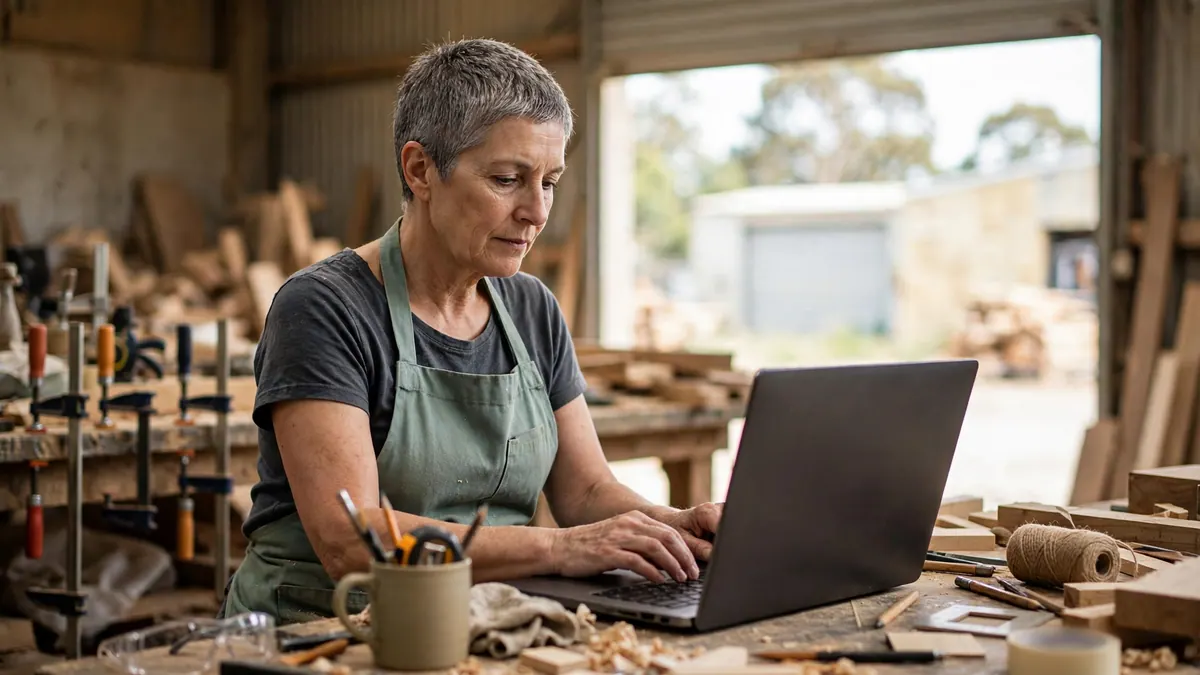 A furniture maker in a green apron does the payroll on a laptop at her workshop bench