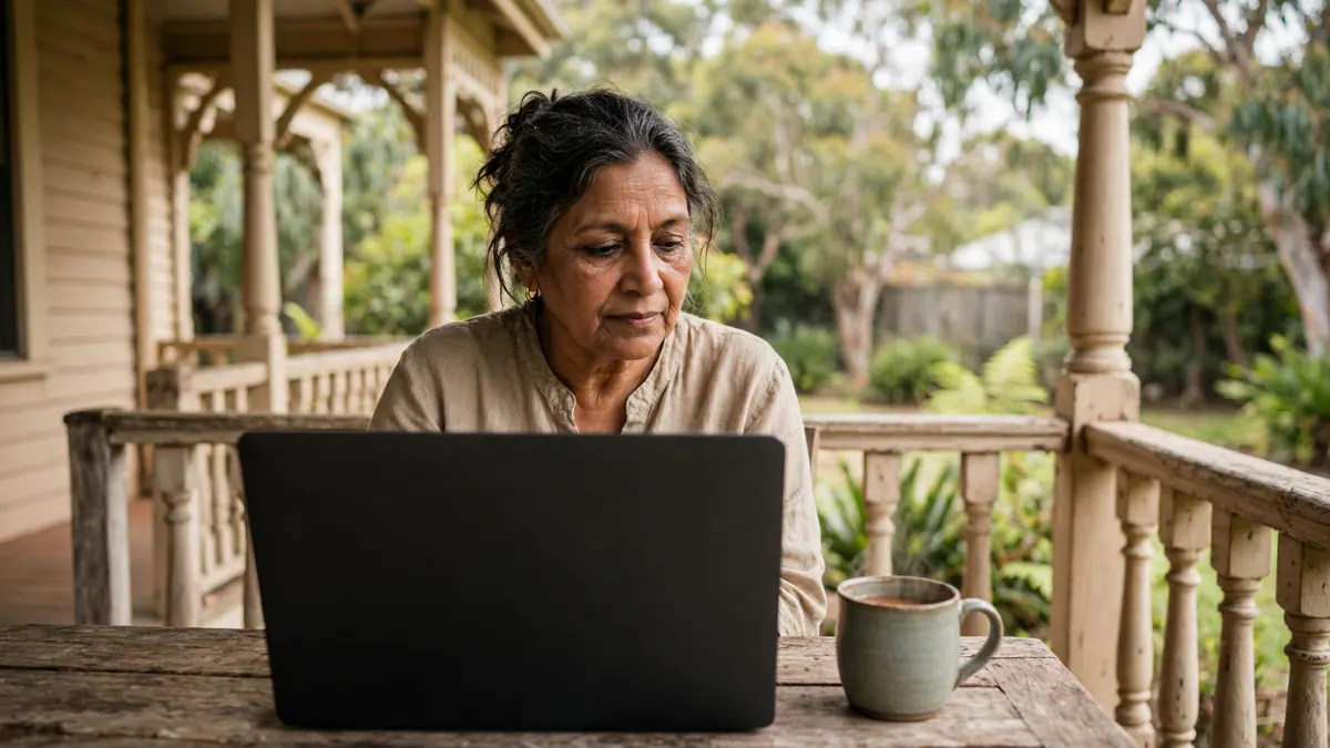 A woman sits on a timber verandah working on a laptop with a mug of tea beside her