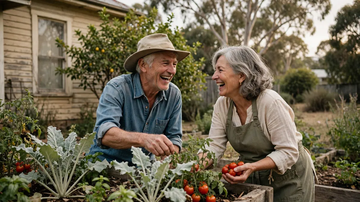 A retired couple laugh while picking tomatoes from raised garden beds behind their weatherboard home