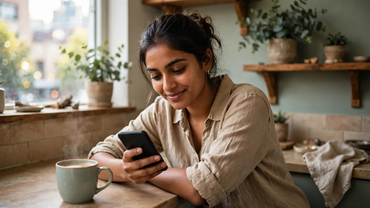 A woman smiles at her phone over a mug of coffee at a sunny kitchen bench