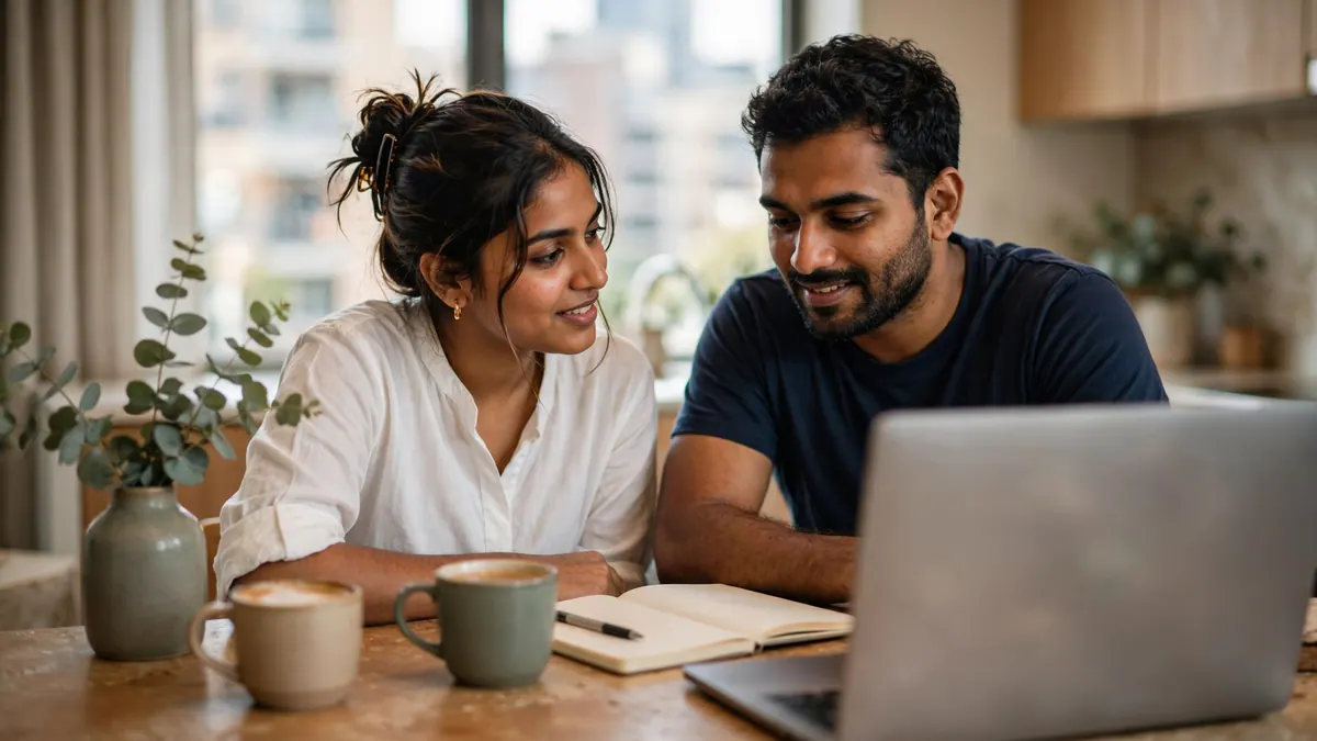A young couple plan their budget with a laptop, a notebook and two coffees at a kitchen bench