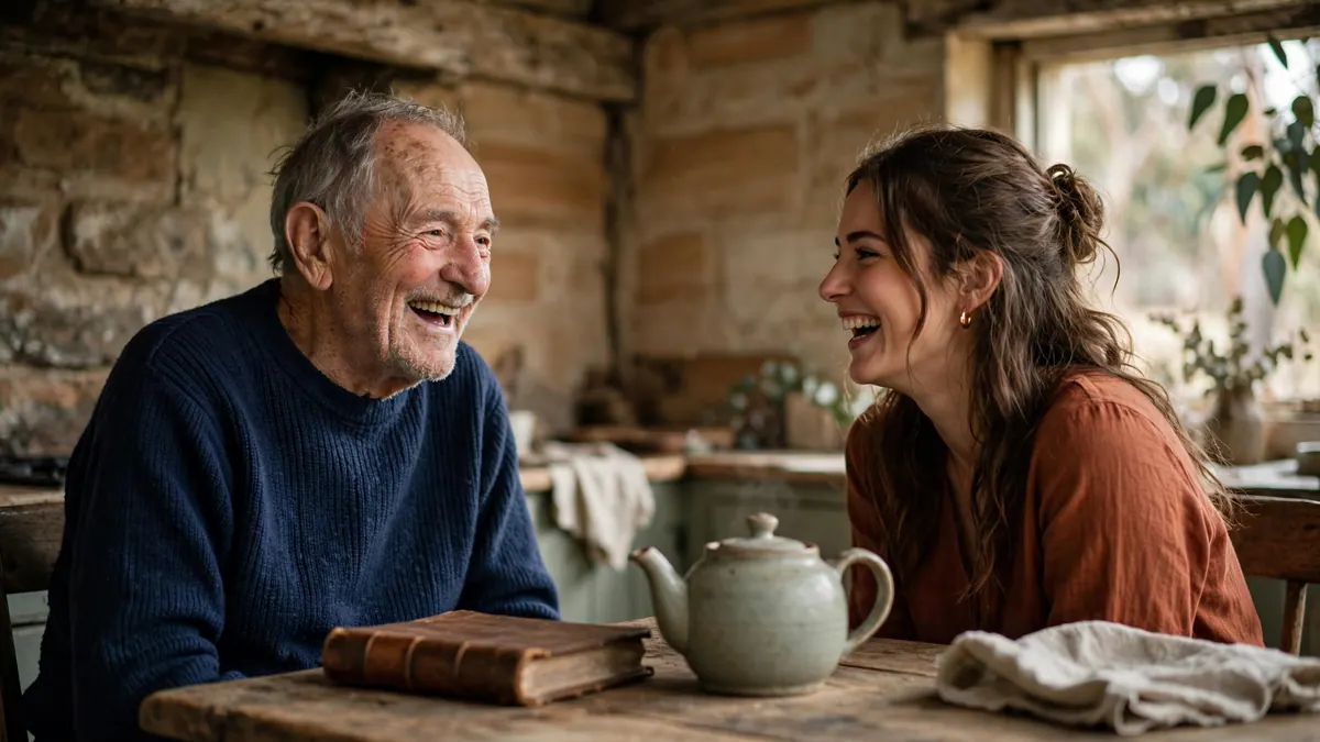 An elderly man and his granddaughter laugh together at a cottage kitchen table with an old ledger and teapot