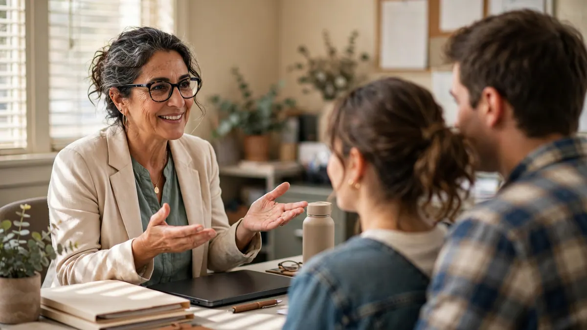 An accountant in glasses explains something to a young couple seated across her office desk