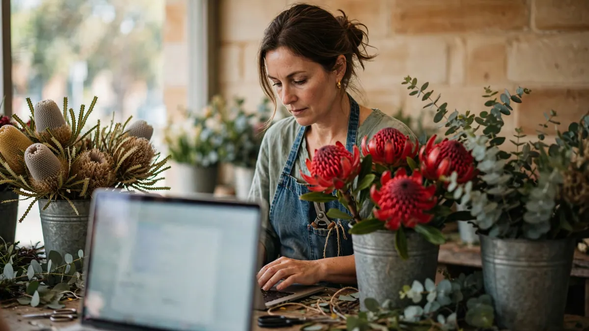 A florist in a denim apron works on a laptop at her shop counter among buckets of waratahs and banksias