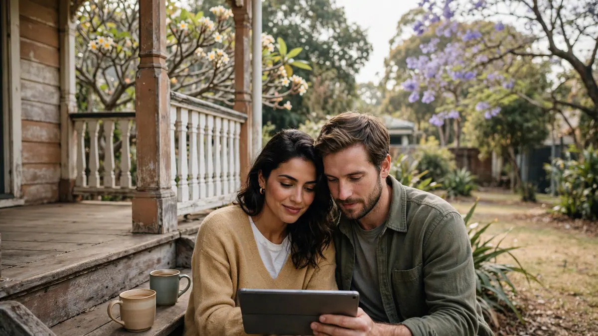 A couple read news on a tablet on the steps of a Queenslander verandah with coffee and a jacaranda
