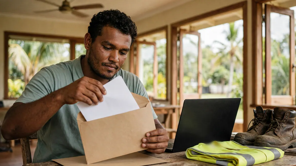 A man files a paper into an envelope at his table beside a laptop, work boots and a folded hi-vis vest